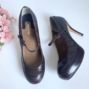Max Studio Calla Brown Croco Embossed Leather Mary Jane High Heel Pumps